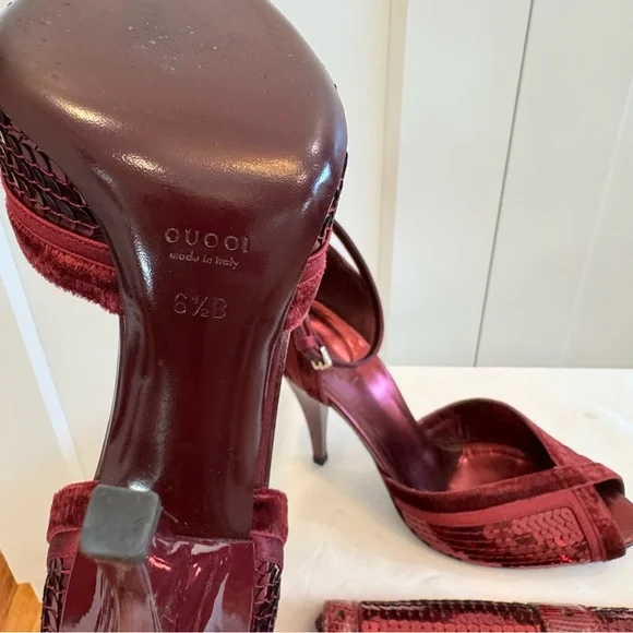 Rare Gucci Broadway Bordeaux Burgundy Velvet Sequins Clutch and Heels Set 6.5 - Picture 12 of 16